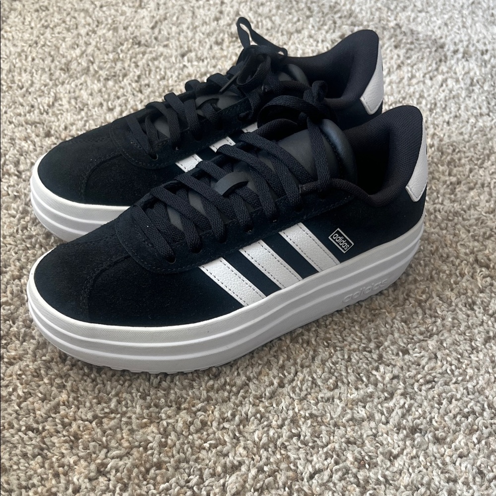 adidas Black Suede Platform Sneakers with White Stripes